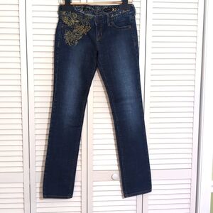Express X2 w01 Womens Zelda Skinny Jeans Size 2 Low Rise Gold Color Embroidered